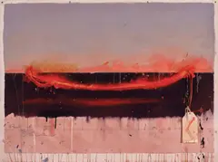 Tim Storrier, Point to Point 1985, 1985, oil, watercolour, pencil, rope and metal chain on card