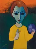 Robert Dickerson, Boy with a Purple Ball, oil on canvas on board