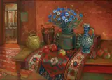 Margaret Olley, Kilim Rug and Cornflowers II 1997