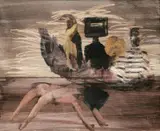 Kelly with Figures and Bird 1967 by Sidney Nolan, 1967, oil and crayon on paper on board, sold Nov 2023