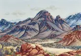 Mount Sonder, MacDonnell Ranges c1957 by Albert Namatjira, c1957, Mount Sonder, MacDonnell Ranges, sold Nov 2023
