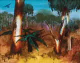 Albert Tucker, Bird Flying through Forest c1975, c1975, oil and enamel on board