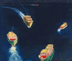 Peter Kingston, Cool and Blue Down There (Sydney Ferries) 1998, 1998, oil on canvas