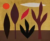 John Coburn, Autumn Landscape c1979, c1979, oil and gold leaf on canvas on board