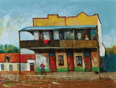 Terrace Houses, Balmain 1966 by Sali Herman, 1966, oil on canvas, sold Nov 2023