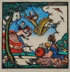 Thea Proctor, The Swing 1925, 1925, hand-coloured woodcut