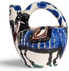 Pablo Picasso, Cavalier et Cheval 1952, 1952, white earthenware ceramic pitcher, partially engraved, with coloured engobe and glaze; ceramic, Madoura edition