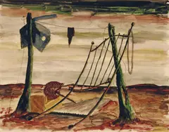 Still Life in a Landscape 1941 by Russell Drysdale, 1941, ink, watercolour and gouache on paper, sold Jun 2023