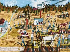 Sam Byrne, Knock off Time, Thackeringa, 1900, Miner's Race to the Pub, oil and galena dust on board
