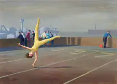 Jeffrey Smart, First Study for Waiting for the Hovercraft, Boulogne 1986-87, 1986-87, oil on paper on canvas