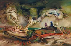 Evening Ceremonies 1986 by James Gleeson, 1986, oil on canvas, sold Mar 2023