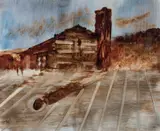 Untitled (Homestead with Figures) 1962 by Sidney Nolan, 1962, oil on paper, sold Mar 2023