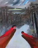 Arthur Boyd, Bathers on Rocks and Water Tower, oil on canvas