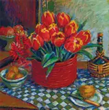 Margaret Olley, Tulips and Chianti Bottle c2006