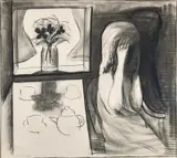 Charles Blackman, Interior with Girl 1962, 1962, charcoal on paper on board