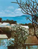 Ray Crooke, View of Townsville - Out to Sea with Frangipani, oil on canvas on board