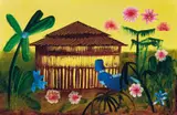 Charles Blackman, Queensland House and Flowers 1975, 1975, oil on paper on board