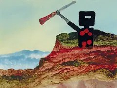 Sidney Nolan, Kelly and Rifle 1980, 1980, synthetic polymer paint on board