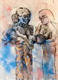 Mother and Children by Donald Friend, ink and watercolour on paper on board, offered Nov 2022