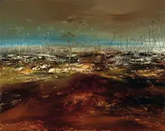 Landscape 1966 by Sidney Nolan, 1966, oil on board, sold Nov 2022