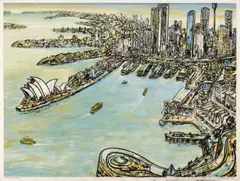 Jan Senbergs, Circular Quay 1998, 1998, charcoal, pastel and synthetic polymer wash on paper on board