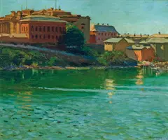 Vida Lahey, Brisbane from South Bank c1930, c1930, oil on plywood