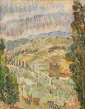Grace Cossington Smith, Hills at Evening Round Florence 1949, 1949, oil on canvas-board
