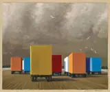 Jeffrey Smart, Third Study for Waiting Containers, Syracuse Harbour 1977, 1977, oil on canvas on board