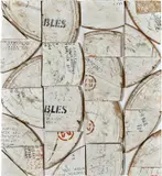 Thermals 1998 by Rosalie Gascoigne, 1998, sawn, painted, stencilled and inscribed wood from cable reels on backing board, sold Jun 2022