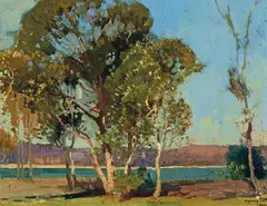 The Lakeside 1931 by Sydney Long, 1931, oil on board, sold Jun 2022