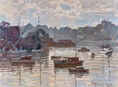 Percy Lindsay, Boats Moored on Sydney Harbour, oil on card