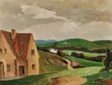 Roland Wakelin, Country Landscape with Houses and Factory in Distance 1950, 1950, oil on board