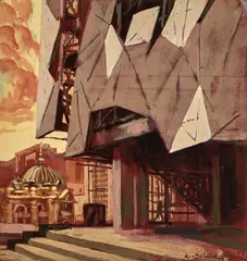 Rick Amor, Federation Square with Flinders Street Station 2001, 2001, gouache on paper