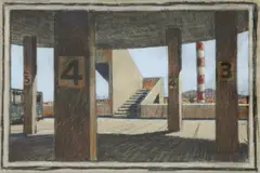 Jeffrey Smart, First Study for Morning Jogger in Parking Garage, Adelaide 1987, 1987, pastel on paper