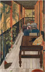 Cressida Campbell, The Verandah 1987, 1987, hand painted unique woodblock print and watercolour on paper