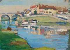 Ethel Carrick, Cottages at Dax, gouache on paper