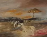 Cheetah and Zebra 1963 by Sidney Nolan, 1963, oil on board, sold Dec 2021