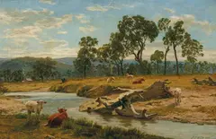 James Clarke Waite, Cattle Beside a River, oil on canvas on board