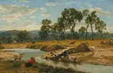 James Clarke Waite, Cattle Beside a River, oil on canvas on board