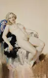 Norman Lindsay, Nude on Purple Cloth, watercolour on paper