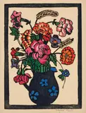 Margaret Preston, Flowers in Jug c1929, c1929, hand-coloured woodcut