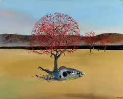 Arthur Boyd, Flame Trees, Horse's Skull, Black River 1983, 1983, oil on canvas