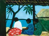 Island Women Near Hut by Ray Crooke, oil on canvas, sold Jun 2021