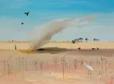 Arthur Boyd, Wimmera Landscape with Fire and White Heron c1985, c1985, oil on board