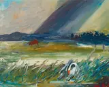 Arthur Boyd, Suffolk Landscape with Storm and Swan c1973, c1973, oil on board