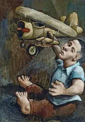 Untitled (Boy with Bi-Plane) 1995-96 by McLean Edwards, 1995-96, oil on printed fabric, sold Mar 2021