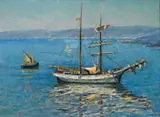 Will Ashton, Ketch in Sydney Harbour, oil on canvas