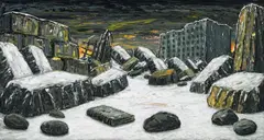 Winter Landscape with Burning City 2001 by Peter Booth, 2001, oil on canvas, sold Nov 2020