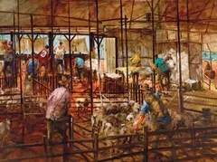 Hugh Sawrey, The Binde-Bango Shed in Full Swing, South of Mitchell, Western Queensland, oil on canvas