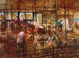 Hugh Sawrey, The Binde-Bango Shed in Full Swing, South of Mitchell, Western Queensland, oil on canvas